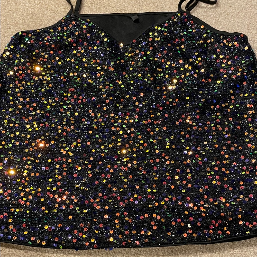 NWOT Sequin Embellished stretchy Black Tank Top lined, size m